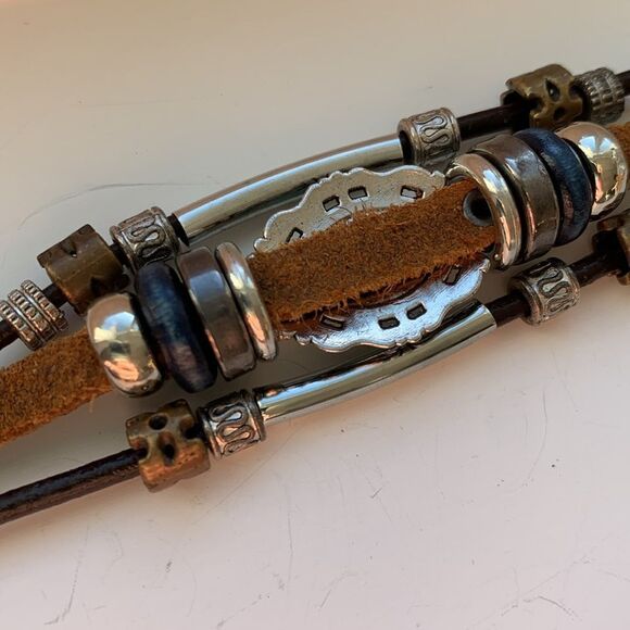 Rugged Western Boho Multi-Strand Bracelet, Faux Turquoise & Brown Leather - Picture 8 of 10